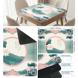 May include: A square table mat measuring 33.0 inches by 33.0 inches, featuring a teal and cream landscape with a pink lotus flower and circular frame. The mat has a soft fabric top, an XPE foam layer, and a non-slip black rubber backing.