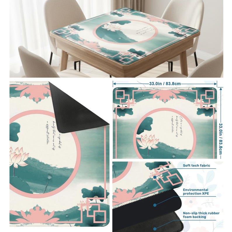 May include: A square table mat measuring 33.0 inches by 33.0 inches, featuring a teal and cream landscape with a pink lotus flower and circular frame. The mat has a soft fabric top, an XPE foam layer, and a non-slip black rubber backing.