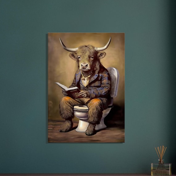 Victorian Hairy Cow Toilet Canvas Print - UK Heritage Decor - Fun Animal Art