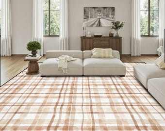 Large Area Rug - Floor Carpet Cottage Beige (144"x108" / 366 cm x 274 cm) - Plaid Rug - Cottage Core Home Decor