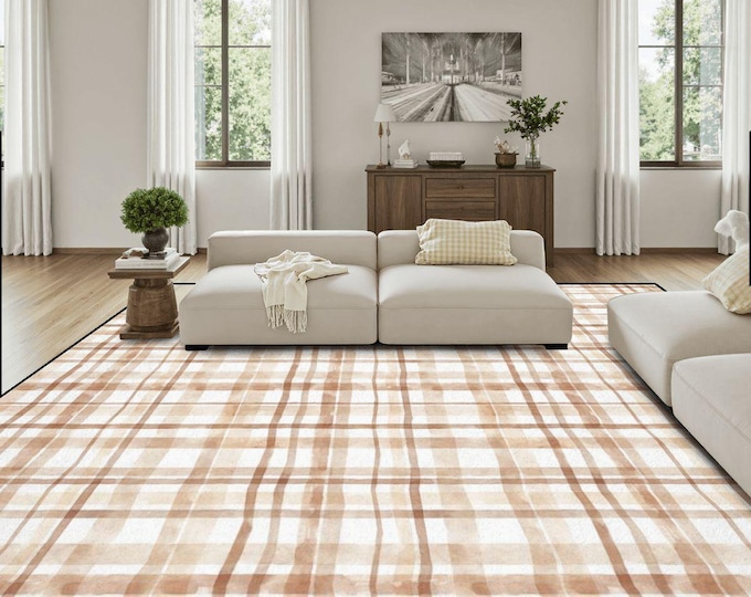 Large Area Rug - Floor Carpet Cottage Beige (144"x108" / 366 cm x 274 cm) - Plaid Rug - Cottage Core Home Decor