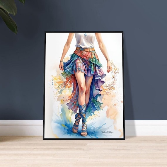 Scottish Dancer Framed Art: Tartan Skirt Watercolor Painting