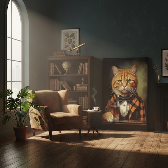 Victorian Ginger Cat in Tartan Suit - Unique Whiskey Lover Canvas Print - UK Heritage Decor