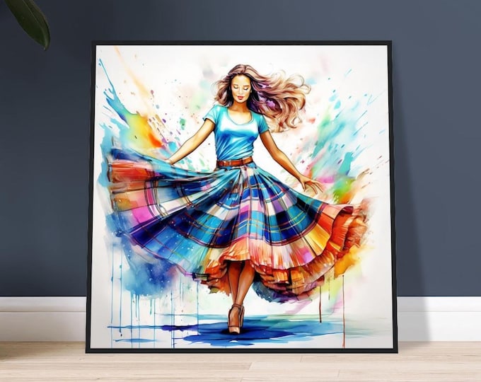 Scottish Dancer Watercolor Framed Art: Tartan Skirt, Ready to Hang