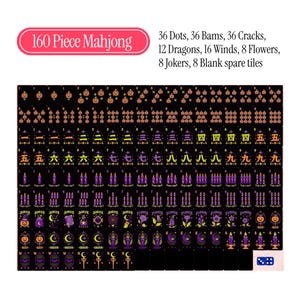 May include: A 160-piece Mahjong set featuring black tiles with orange, yellow, and purple Halloween-themed graphics. The set includes 36 dots, 36 bams, 36 cracks, 12 dragons, 16 winds, 8 flowers, 8 jokers, and 8 blank spare tiles with dice.