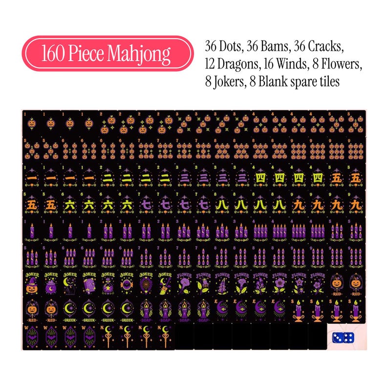 May include: A 160-piece Mahjong set featuring black tiles with orange, yellow, and purple Halloween-themed graphics. The set includes 36 dots, 36 bams, 36 cracks, 12 dragons, 16 winds, 8 flowers, 8 jokers, and 8 blank spare tiles with dice.