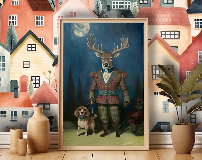 Art Print Victorian Stag Art Print | Stag walking his Beagle | Fine Art Poster - Beagle Art - Deer Art - UK Heritage Art, British Art