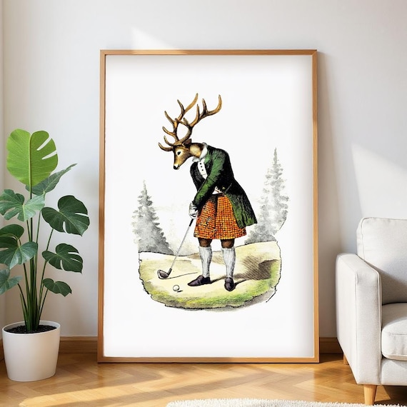 Framed Golf Art Print: Stag Playing Golf