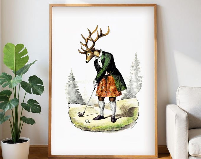 Framed Golf Art Print: Stag Playing Golf