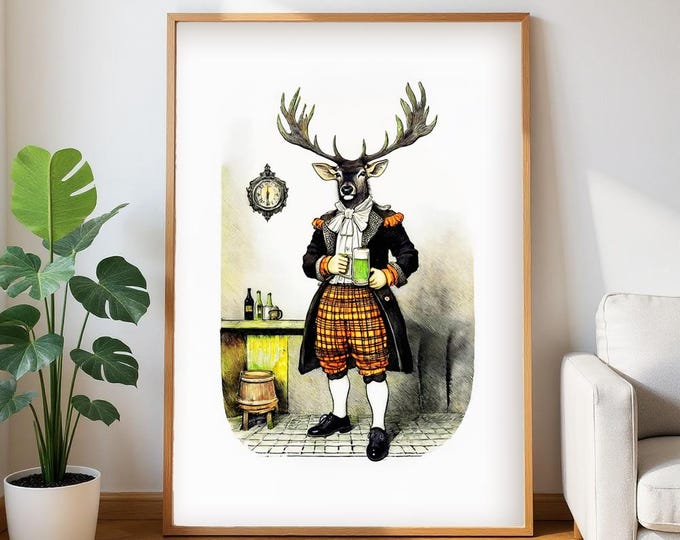 Framed Pub Art Print: Stag Drinking Beer - Ready to Hang