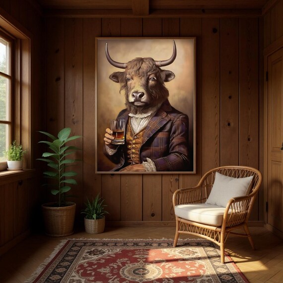 Victorian Hairy Cow Art Print: Whiskey Decor, British Heritage