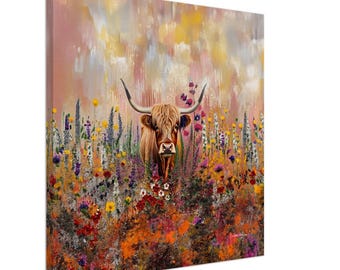 Canvas Cute Hairy Cow - Pink | Bring the Highlands to Your Home with this Stunning Scottish Hairy Cow Painting