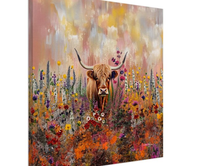 Canvas Cute Hairy Cow - Pink | Bring the Highlands to Your Home with this Stunning Scottish Hairy Cow Painting