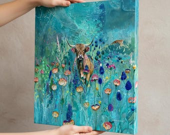 Highland Cow Canvas Print: Turquoise Scottish Art