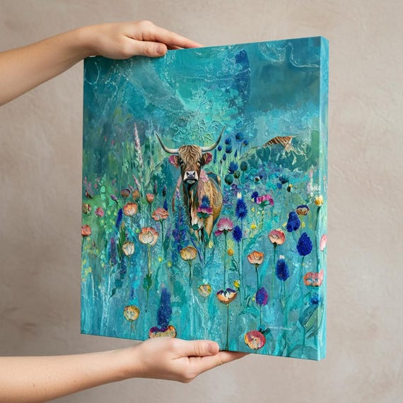 Highland Cow Canvas Print: Turquoise Scottish Art