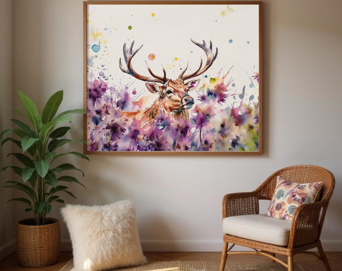 Art Print Stag Surrounded by Thistles Artwork - Farmhouse Style  - UK Heritage Art, British Art