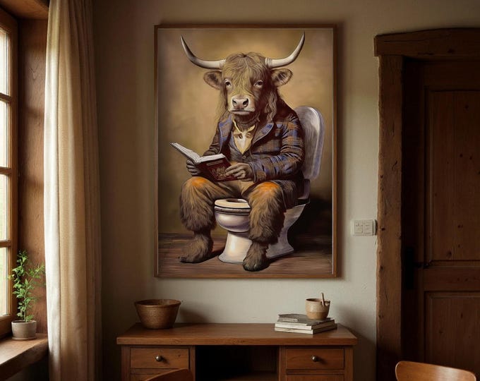 Art Print Victorian Cow, Highland Cow Print, Bathroom Art, Cow Illustration - Highlander Cow on Toilet - UK Heritage Art, British Art