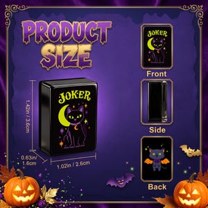 May include: A black rectangular case featuring a cat graphic with the text JOKER. The front shows a cat with a yellow crescent moon and stars. The back displays a cat with orange bat wings. Dimensions are 1.42 inches by 1.02 inches by 0.63 inches.