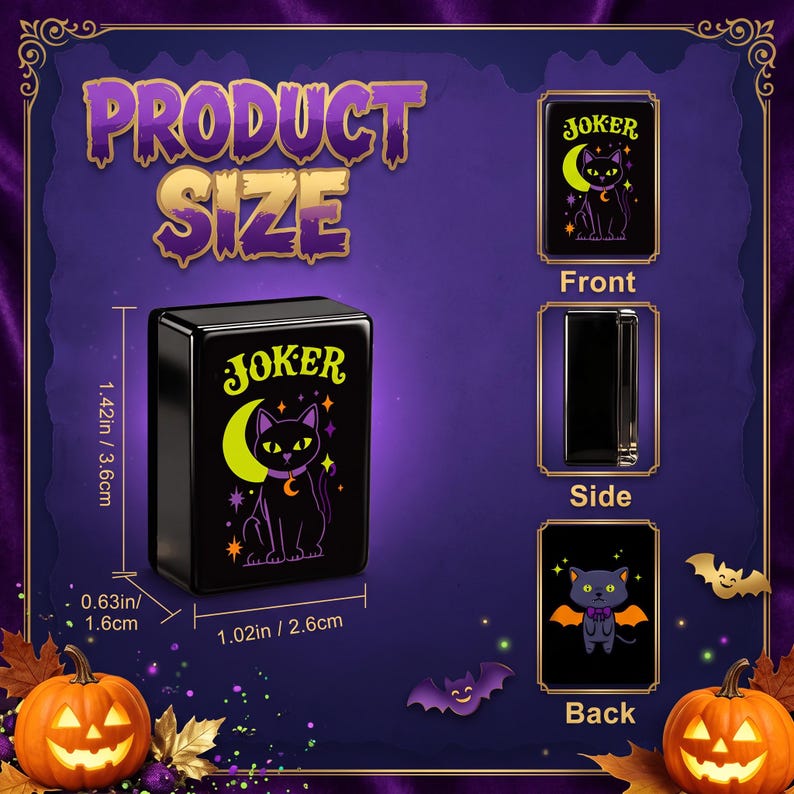 May include: A black rectangular case featuring a cat graphic with the text JOKER. The front shows a cat with a yellow crescent moon and stars. The back displays a cat with orange bat wings. Dimensions are 1.42 inches by 1.02 inches by 0.63 inches.