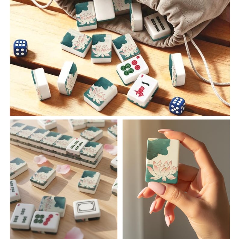 May include: A set of mahjong tiles featuring a white base with green and pink lotus flower illustrations, alongside two blue dice with white pips and a grey drawstring storage bag. The tiles display various traditional symbols and numbers.
