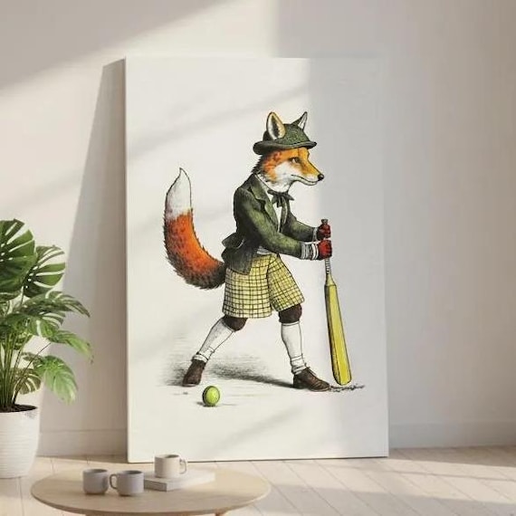 Red Fox in Victorian Cricket Attire Canvas Print - UK Heritage Art - British Home Decor
