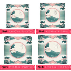 May include: Four square mats featuring a central circular design with a pink lotus flower, green hills, and script text. Size 1: 53 x 53 cm. Size 2: 66 x 66 cm. Size 3: 80 x 80 cm. Size 4: 83.8 x 83.8 cm. Pink geometric borders.