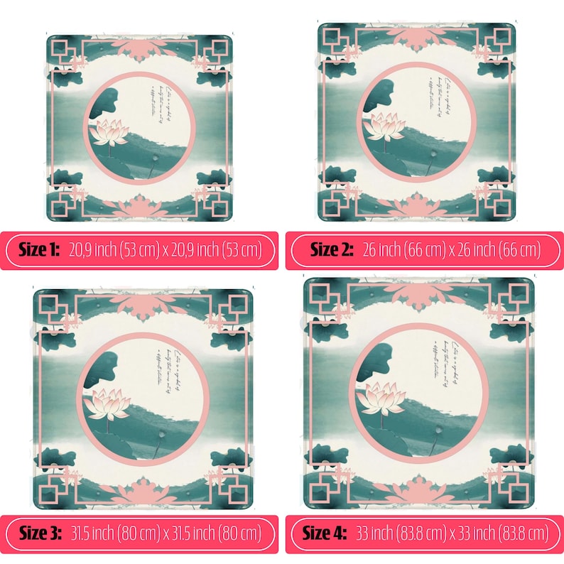 May include: Four square mats featuring a central circular design with a pink lotus flower, green hills, and script text. Size 1: 53 x 53 cm. Size 2: 66 x 66 cm. Size 3: 80 x 80 cm. Size 4: 83.8 x 83.8 cm. Pink geometric borders.