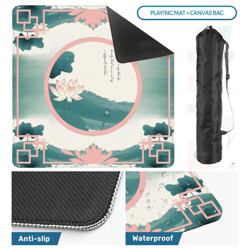 May include: A square playing mat featuring a teal and pink lotus flower design with a circular frame and geometric borders, paired with a black cylindrical canvas bag. The mat has a textured black anti-slip underside and a waterproof surface.