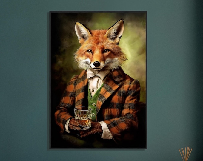 Wooden Framed Poster Red Fox Drinking Whiskey - Fox's head on a Human Body