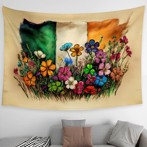XL Irish Flag Tapestry: Hand Drawn Design, Vibrant Polyester (90x60")