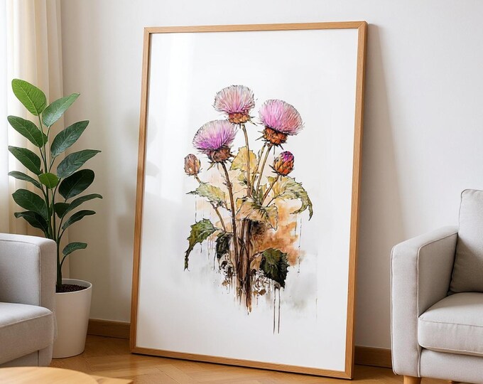 Framed Thistle Art: Watercolor Painting - UK Heritage Design