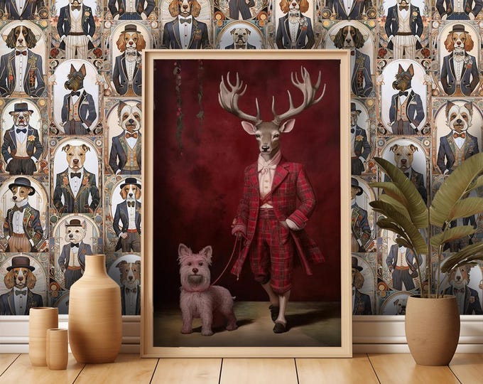 Art Print Victorian Stag & Terrier Dog Art Print - Giclée Fine Art Poster | Stag's head on a human body - UK Heritage Art, British Art