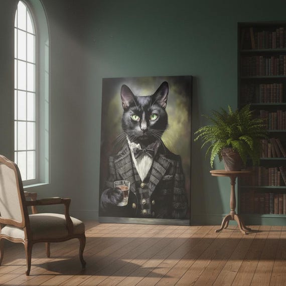 Victorian Black Cat Drinking Whiskey Canvas Print - Unique UK Heritage Artwork
