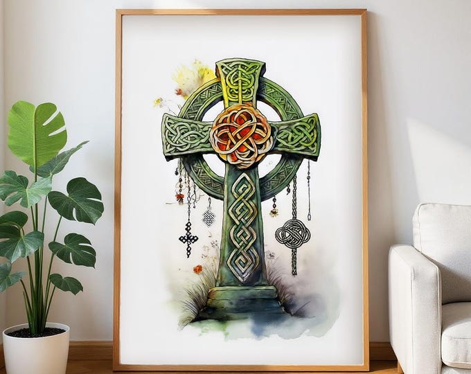 Framed Celtic Cross Art: Knotwork Pine Wood Print