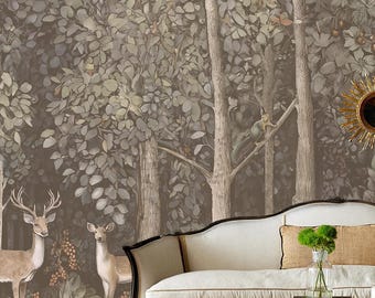 Hand Drawn Self Adhesive Canvas Wallpaper Mural, Forest design, William Morris inspired wallpaper mural Set 1 of 2 - Vintage Deer Wallpaper