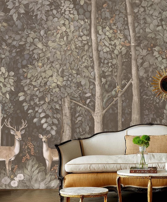 Hand Drawn Forest Wallpaper Mural: Vintage Deer, William Morris Style
