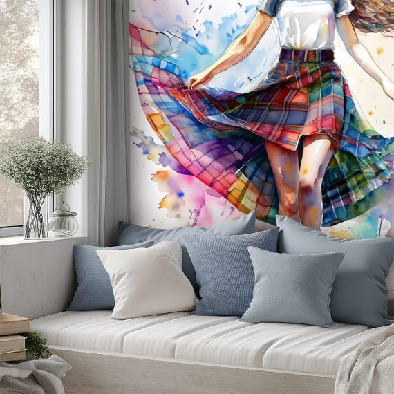 Watercolor Plaid Skirt Canvas Wallpaper Mural - Self Adhesive