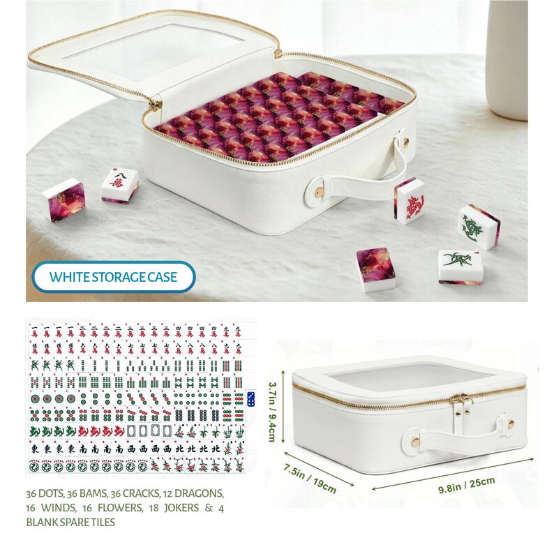 May include: A white rectangular storage case with a clear top window and handle, containing mahjong tiles with a red and purple abstract pattern. The set includes 36 dots, 36 bams, 36 cracks, 12 dragons, 16 winds, 16 flowers, 18 jokers, and 4 blank tiles.