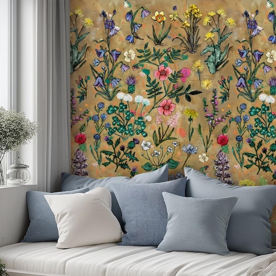 Canvas Wallpaper Hand drawn Wildflowers - Self Adhesive Floral Wallpaper for England, Scotland, Wales & Ireland