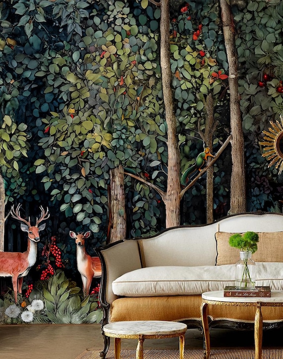 Hand Drawn Forest Wallpaper Mural: Self-Adhesive Canvas, William Morris Style