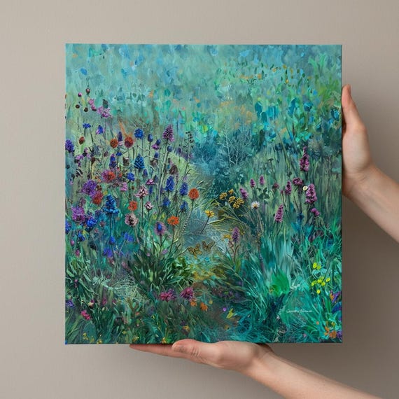 Scottish Wildflower Canvas Print: Turquoise Oil Painting