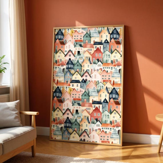 Framed British Homes Art Print: Ready to Hang Pine Wood Frame