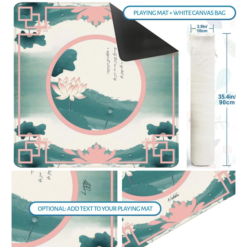 May include: A square playing mat with a teal and pink lotus flower design, featuring a black underside and a white canvas bag measuring 3.9 inches wide by 35.4 inches long. The mat includes a circular central area and geometric borders.