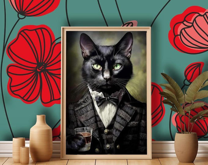 Art Print Victorian Black Cat Drinking Whiskey - UK Heritage Art, British Art