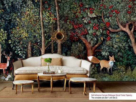 Fox Wallpaper Mural: Hand Drawn Forest Design, Self-Adhesive Canvas
