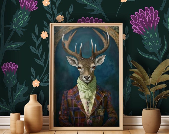 Art Print Victorian Stag Head Fine Art Print - Stag wearing a Tartan Suit, Giclée Poster - Unique Home Decor - UK Heritage Art, British Art