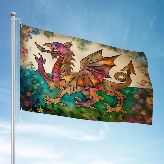 XL Handdrawn Welsh Dragon Flag: Heavy-Duty 3-Layer Polyester (96"x60")