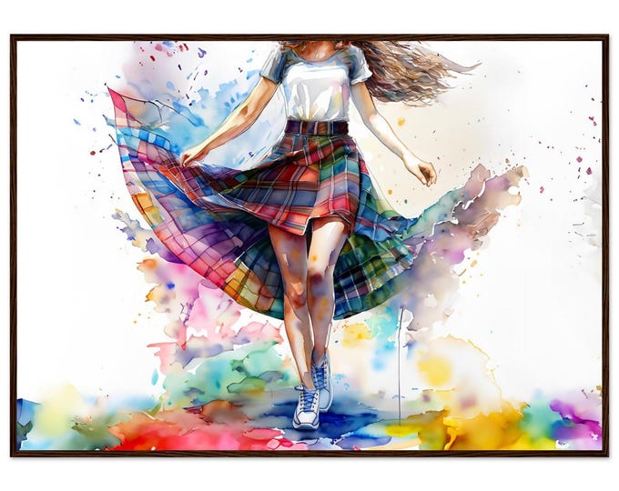 Wooden Framed Poster Watercolor Tartan Skirt