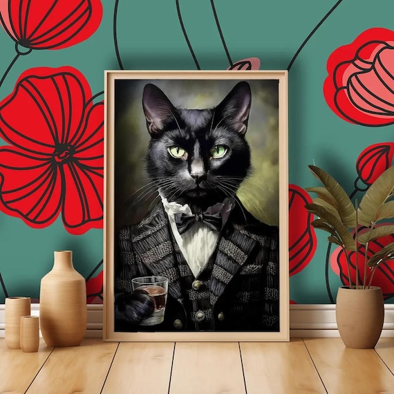 Victorian Black Cat Art Print: Framed Wooden Poster