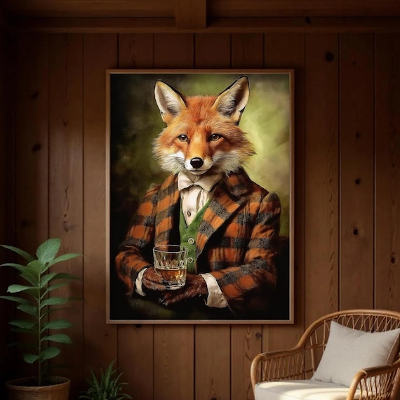 Red Fox Drinking Whiskey Wooden Framed Poster